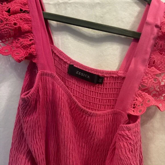 Pink Summer Lace Strap Sleeveless Smocked Maxi Dress | Medium - Picture 5 of 8